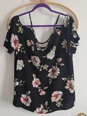 Kaileigh Black Floral Cold-Shoulder Camisole with Strappy Back
